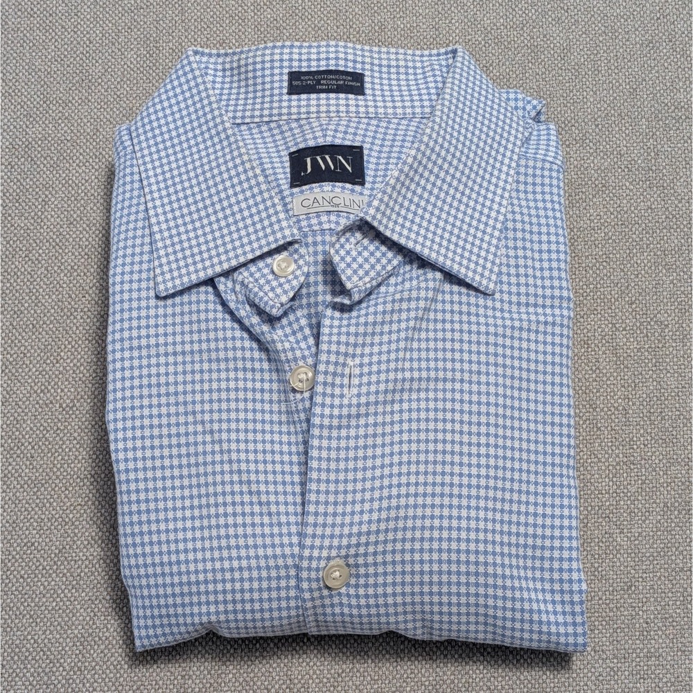 JWN Canclini Dress Shirt Men's Vintage Blue White Check 17 34/35 100% Cotton